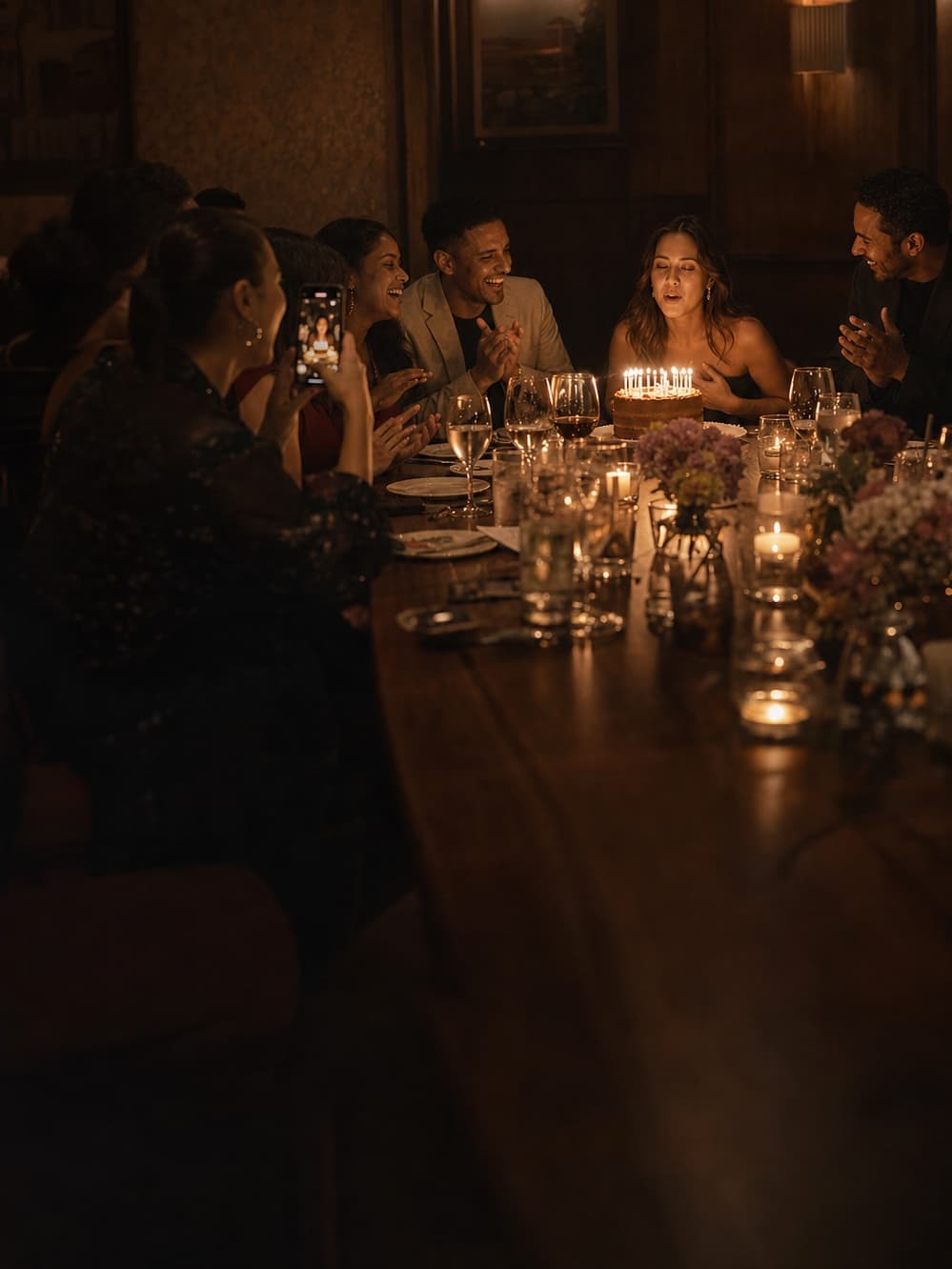 Friends photographing a birthday cake candle moment across the table