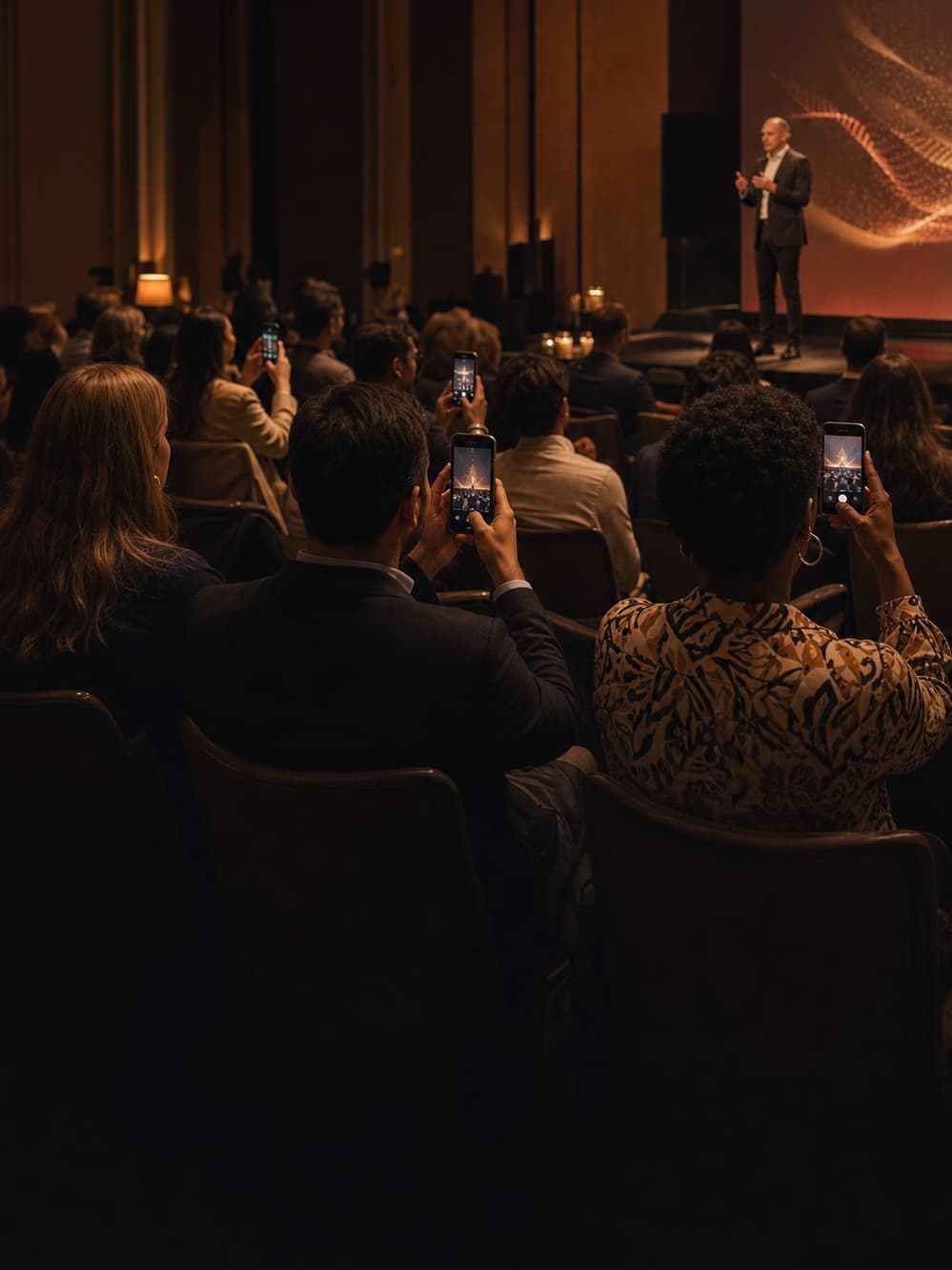 Conference attendees photographing a keynote from the back row