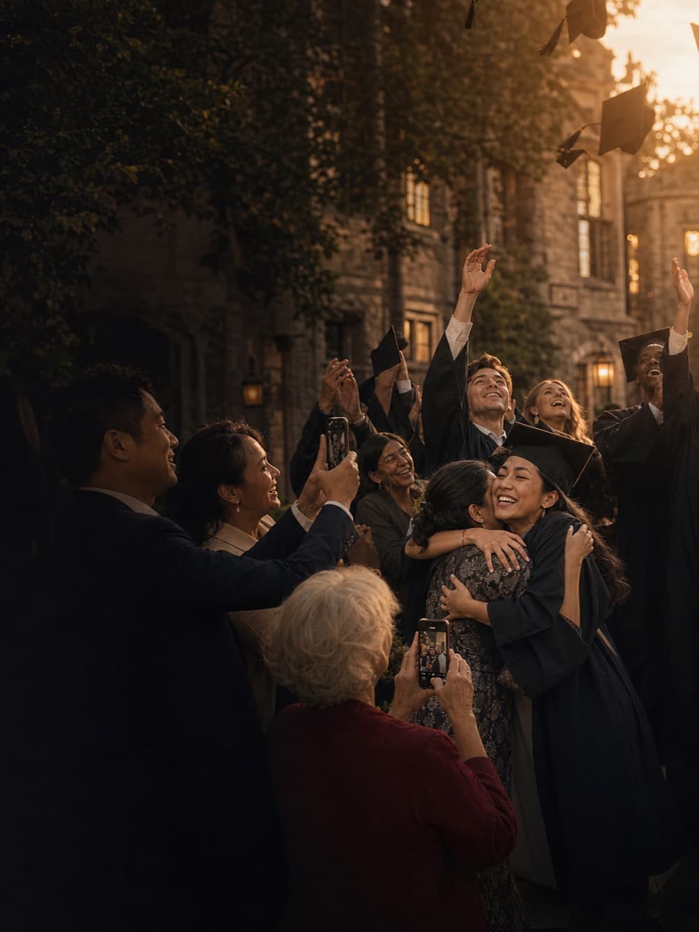 A family photographing graduates celebrating together after a ceremony