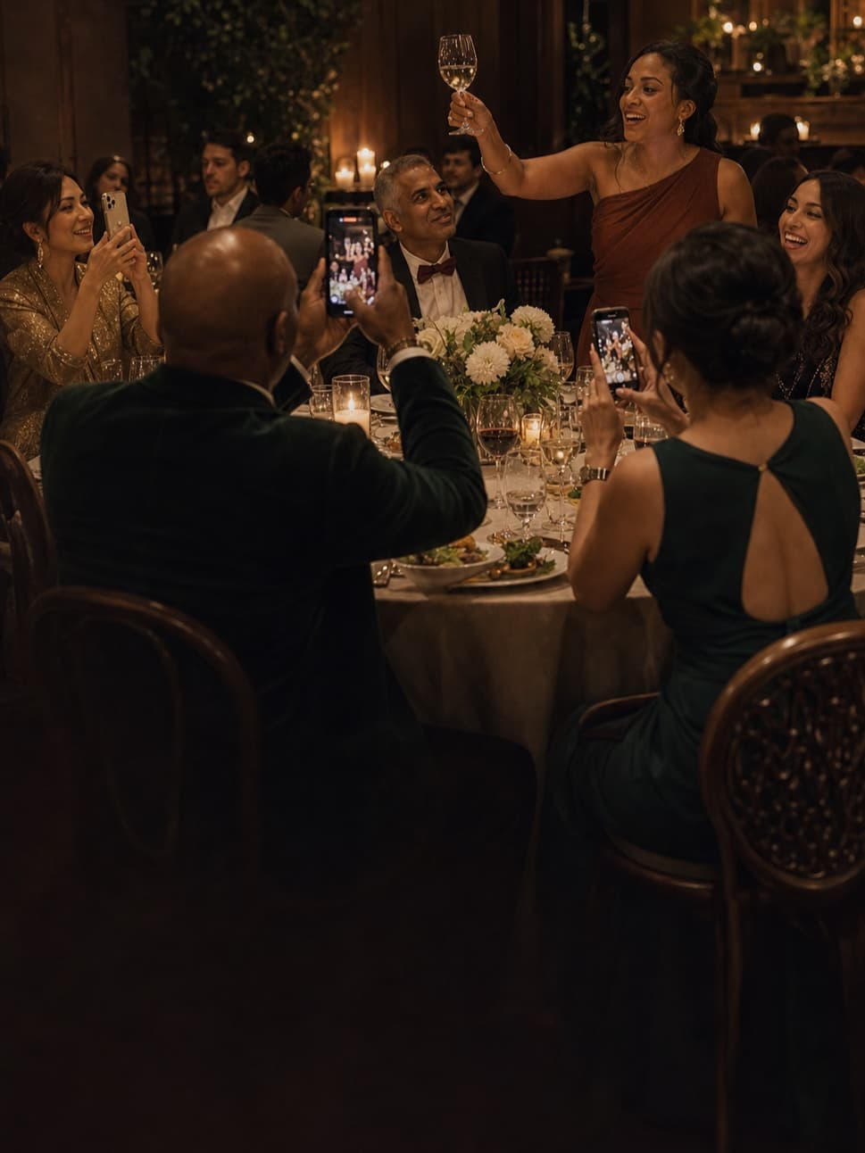 Wedding guests photographing a candid toast at a warmly lit reception